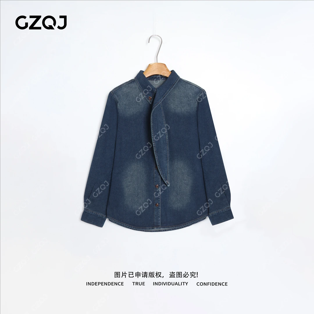 老琴私服【蓝调序曲】复古定染水洗丹宁减龄显瘦牛仔衬衫女冬 09077
