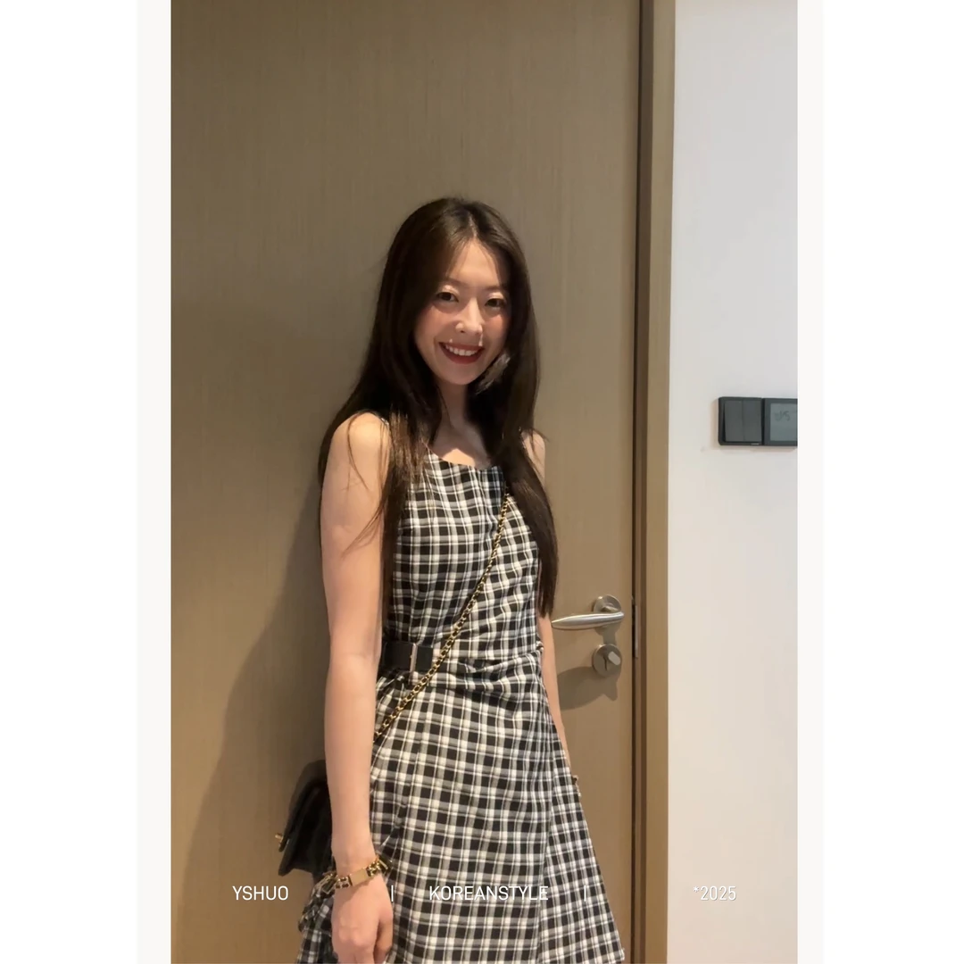 YSHUO【月光少女】复古格纹背心连衣裙减龄不规则下摆收腰裙子 8913