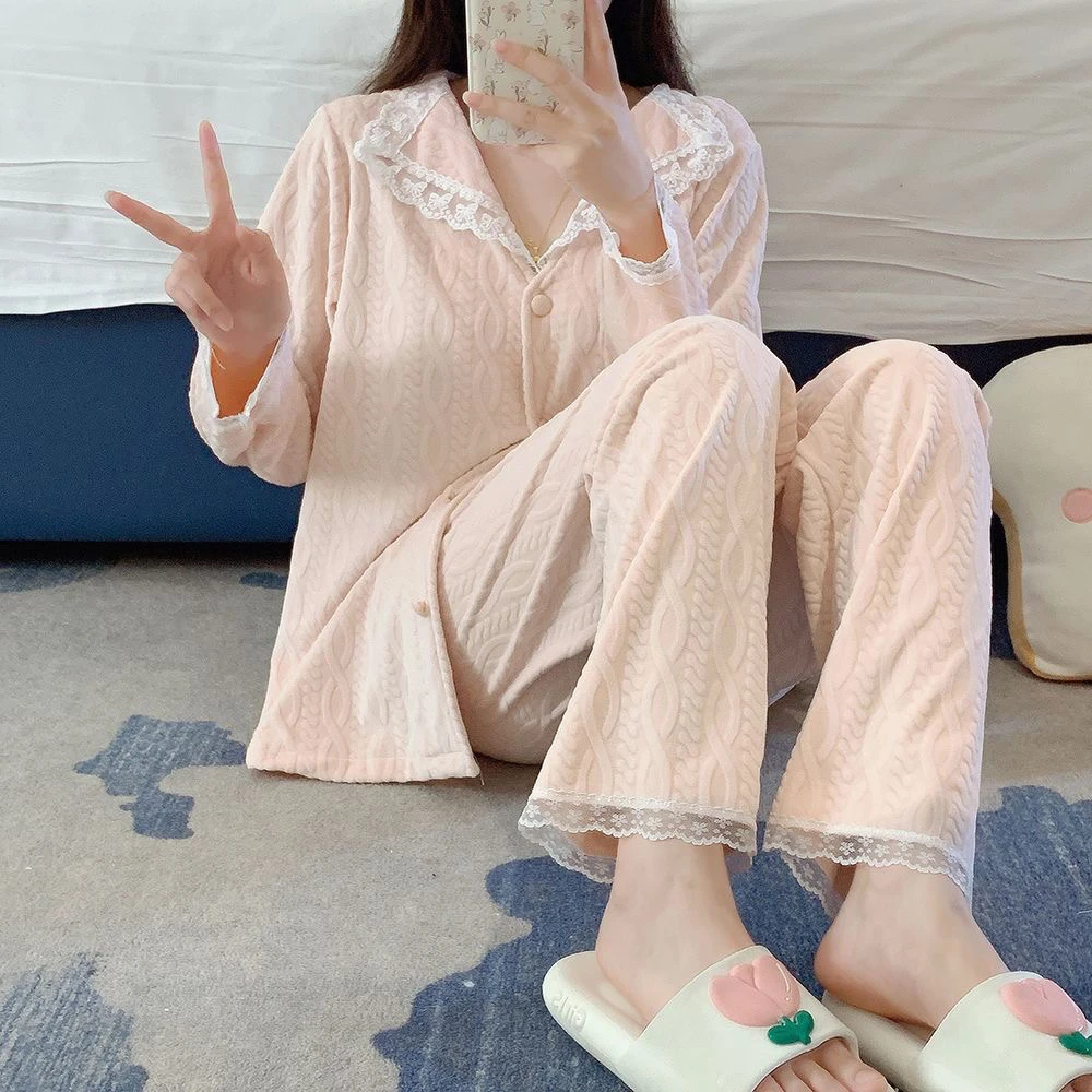 【海岛绒】简约气质风定制款加绒加厚开衫保暖睡衣女套装