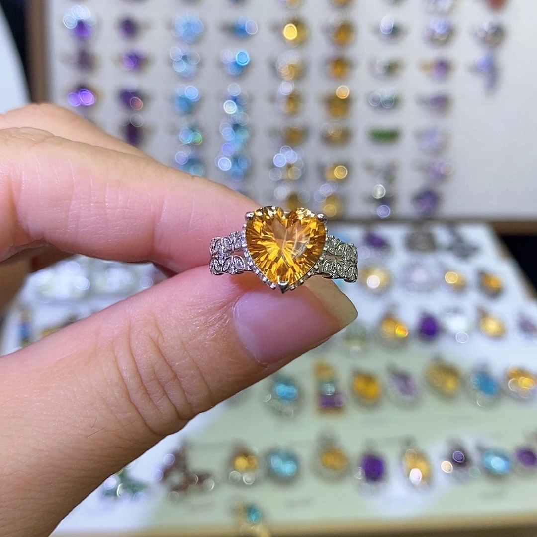 黄晶戒指银S925镶嵌一物一证