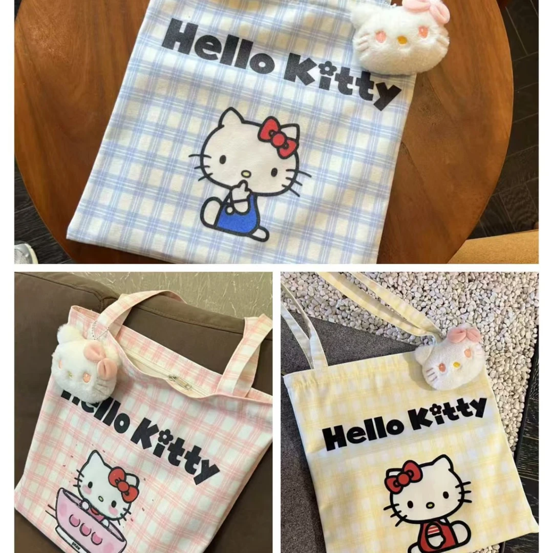 新款蓝格子kitty猫单肩包百搭外出卡通手提包女卡通kt猫单肩包LL