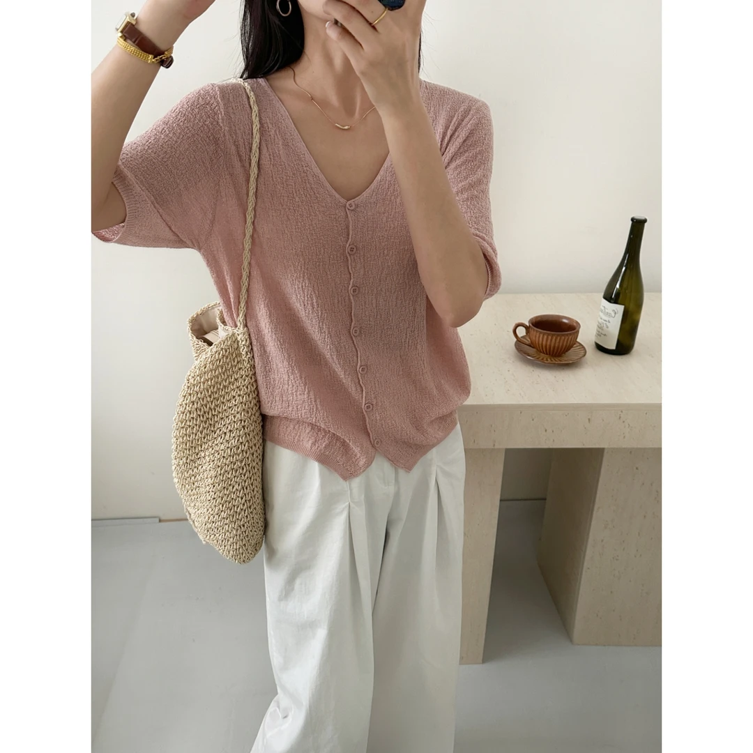 芮初3271【V领软糯亲肤小开衫】春夏新品薄款针织披肩空调衫女上衣