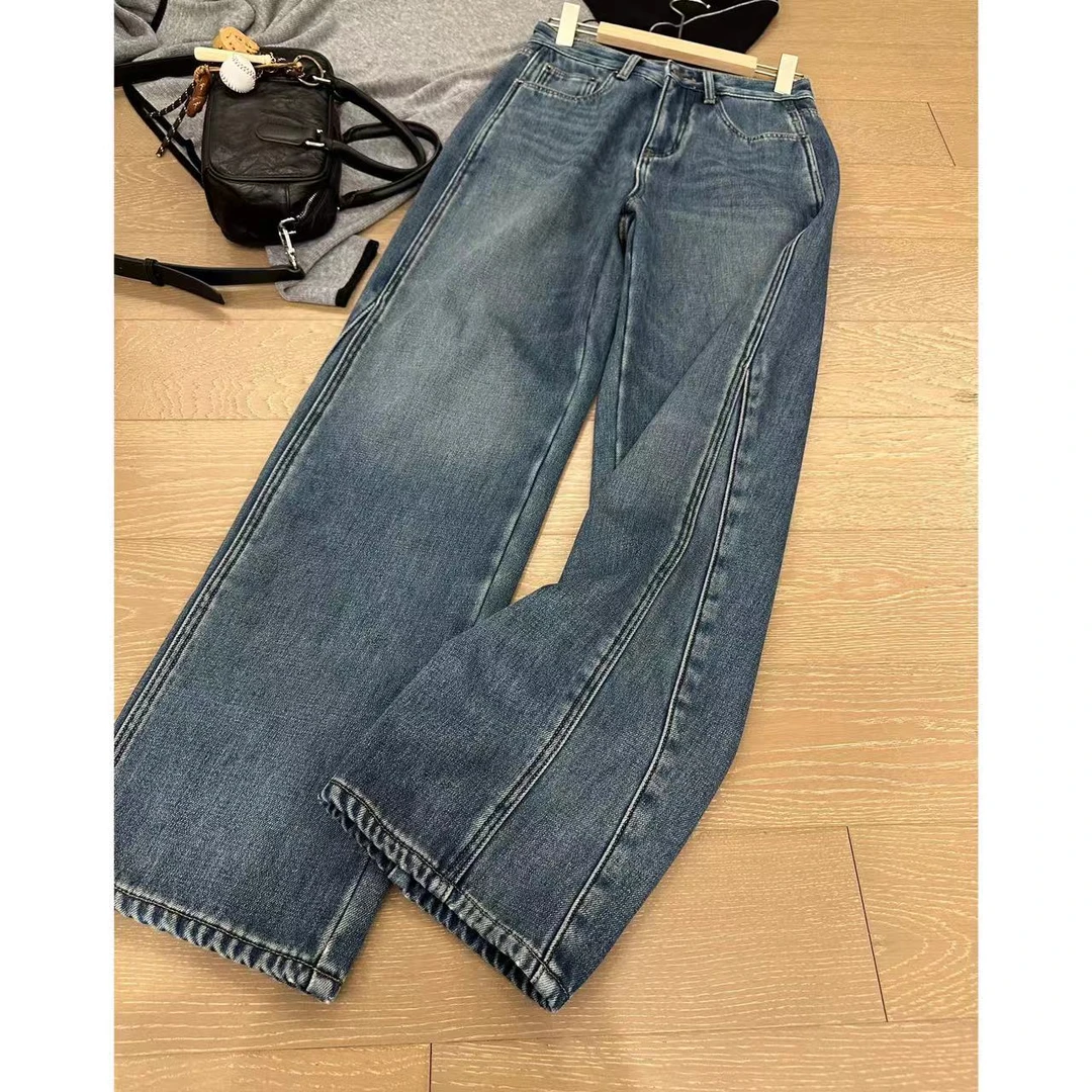 线条牛仔裤】蓝色加绒窄版长裤  2410B4715