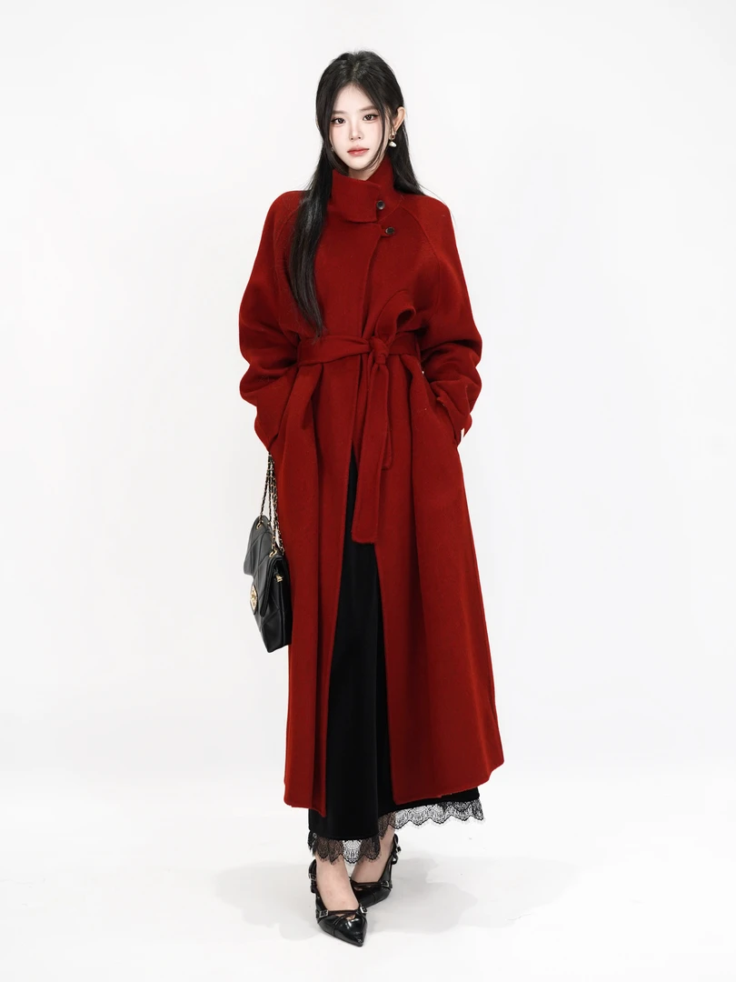 【NEW】长款双面呢大衣+雪纺长袖小衣+加绒丝绒长半裙搭配套装