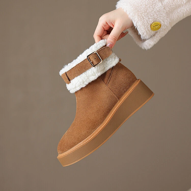 李大龙~4.5公分牛皮/冬季厚底翻毛扣带两穿雪地靴