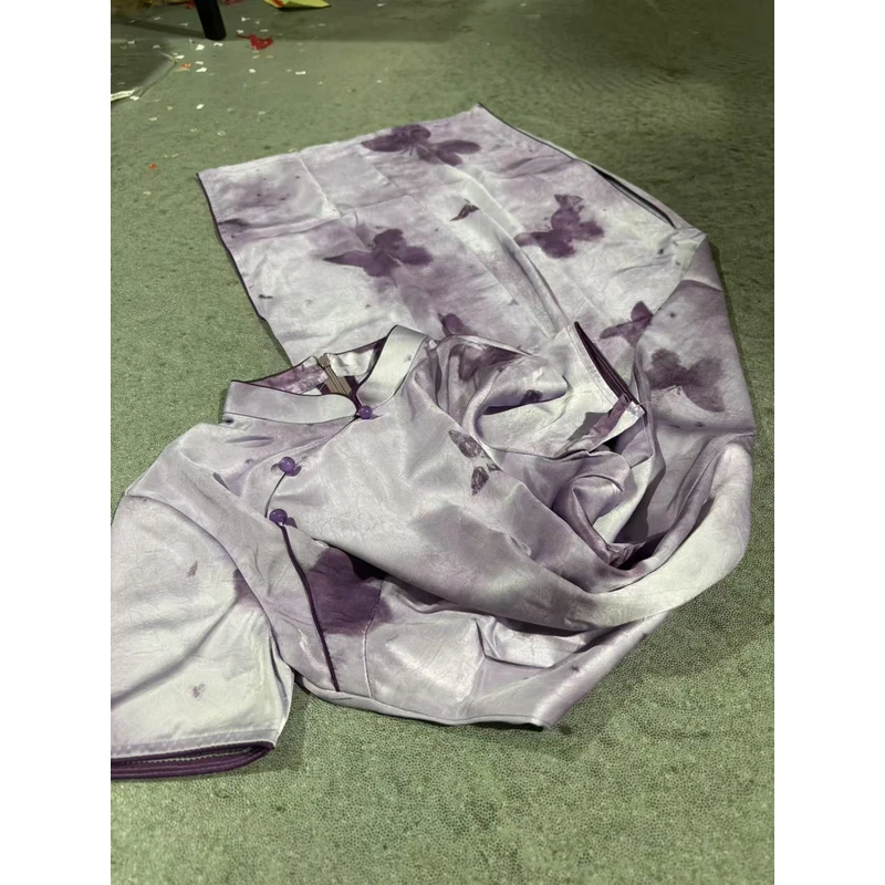 0682 紫蝴蝶 紫色 珠珠扣 复古 旗袍