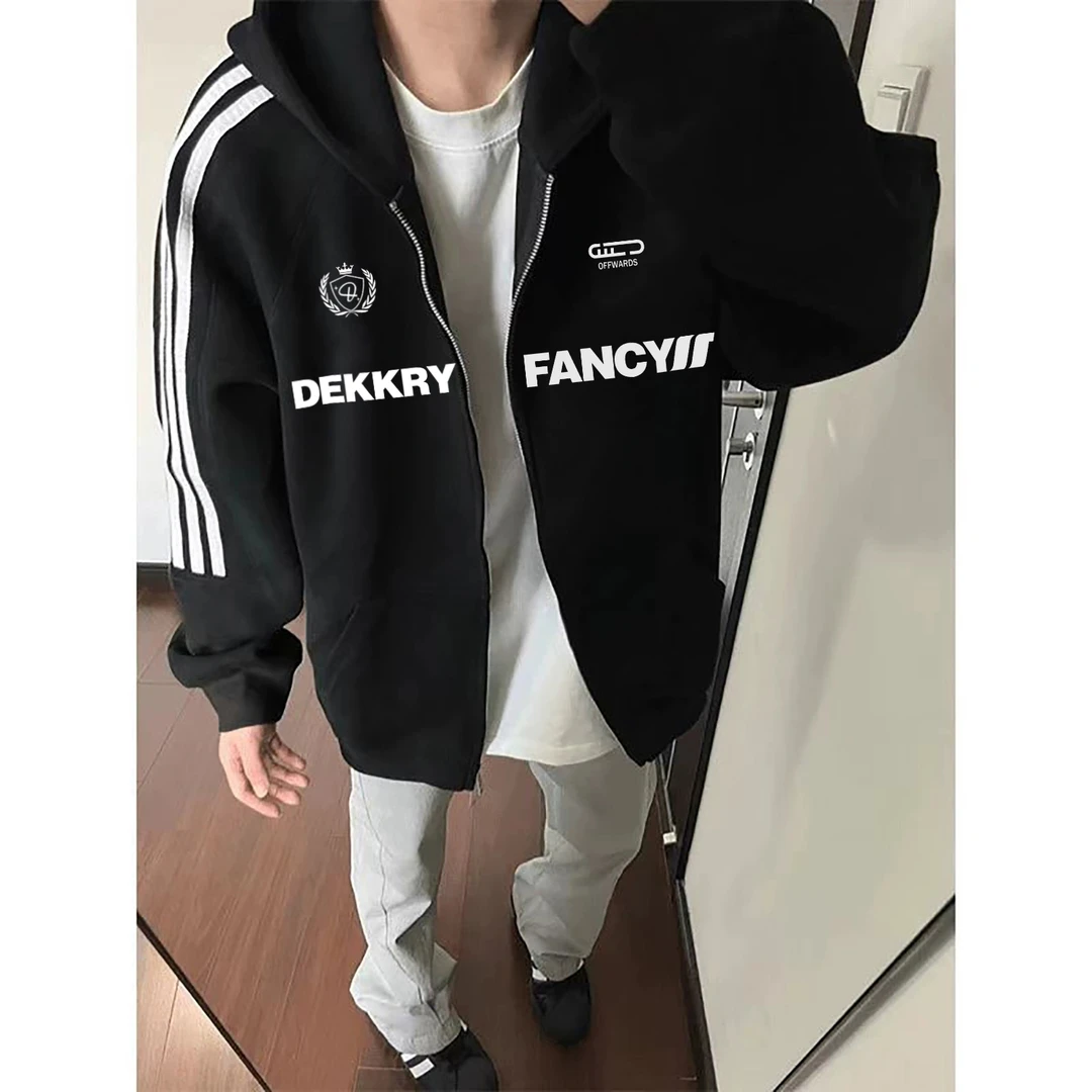 美式简约原创字母印花连帽卫衣男女秋冬潮牌宽松三条杠开衫外套潮