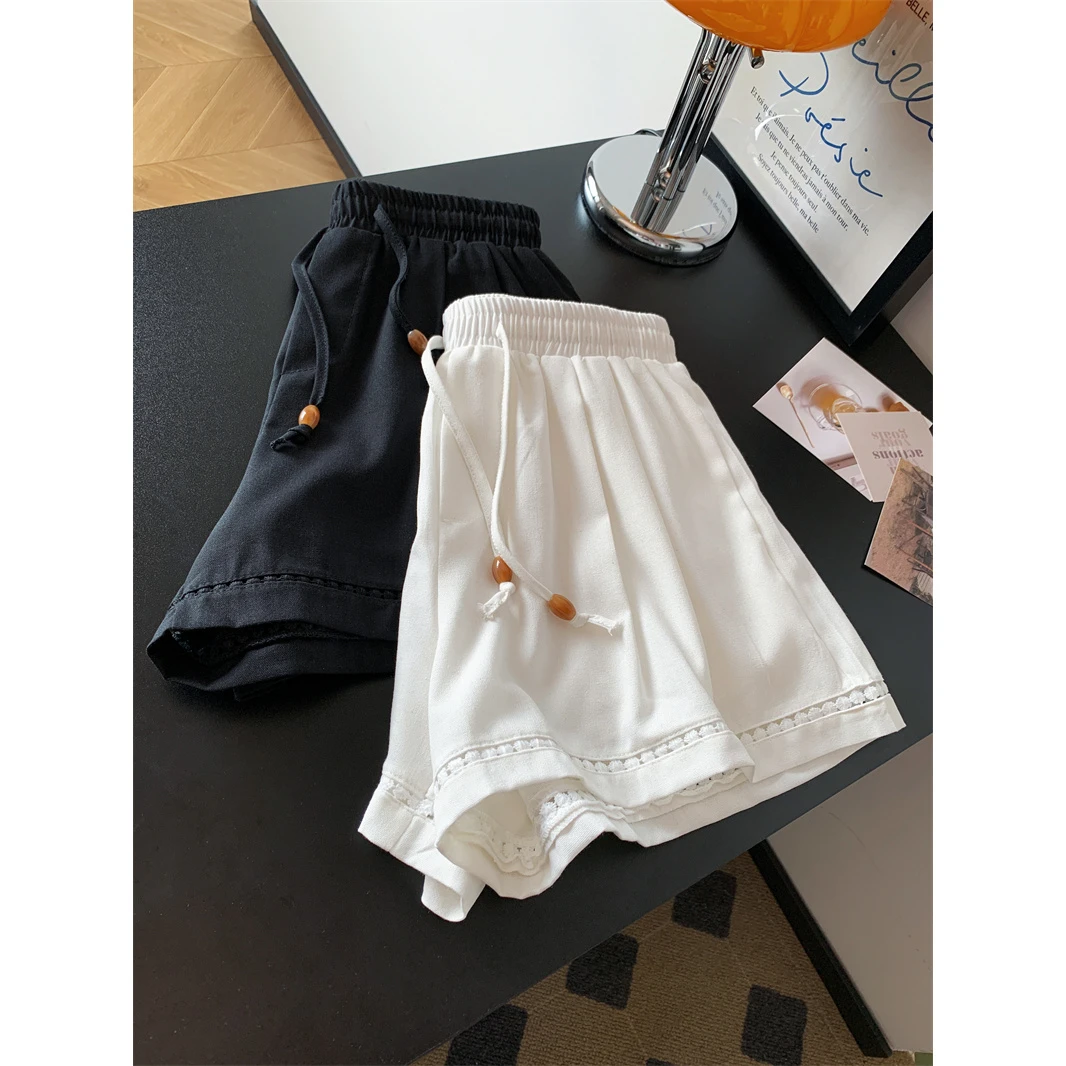 高级感纯亚麻镂空蕾丝花边拼接松紧腰a字阔腿裤短裤女夏季