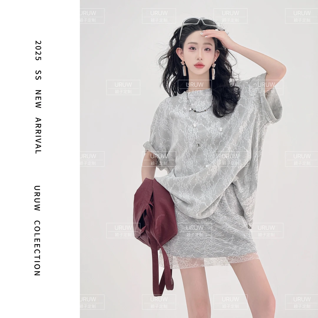 现货颖子定制【里约书店】夏季宽松蕾丝拼接短袖休闲时尚T恤 9216