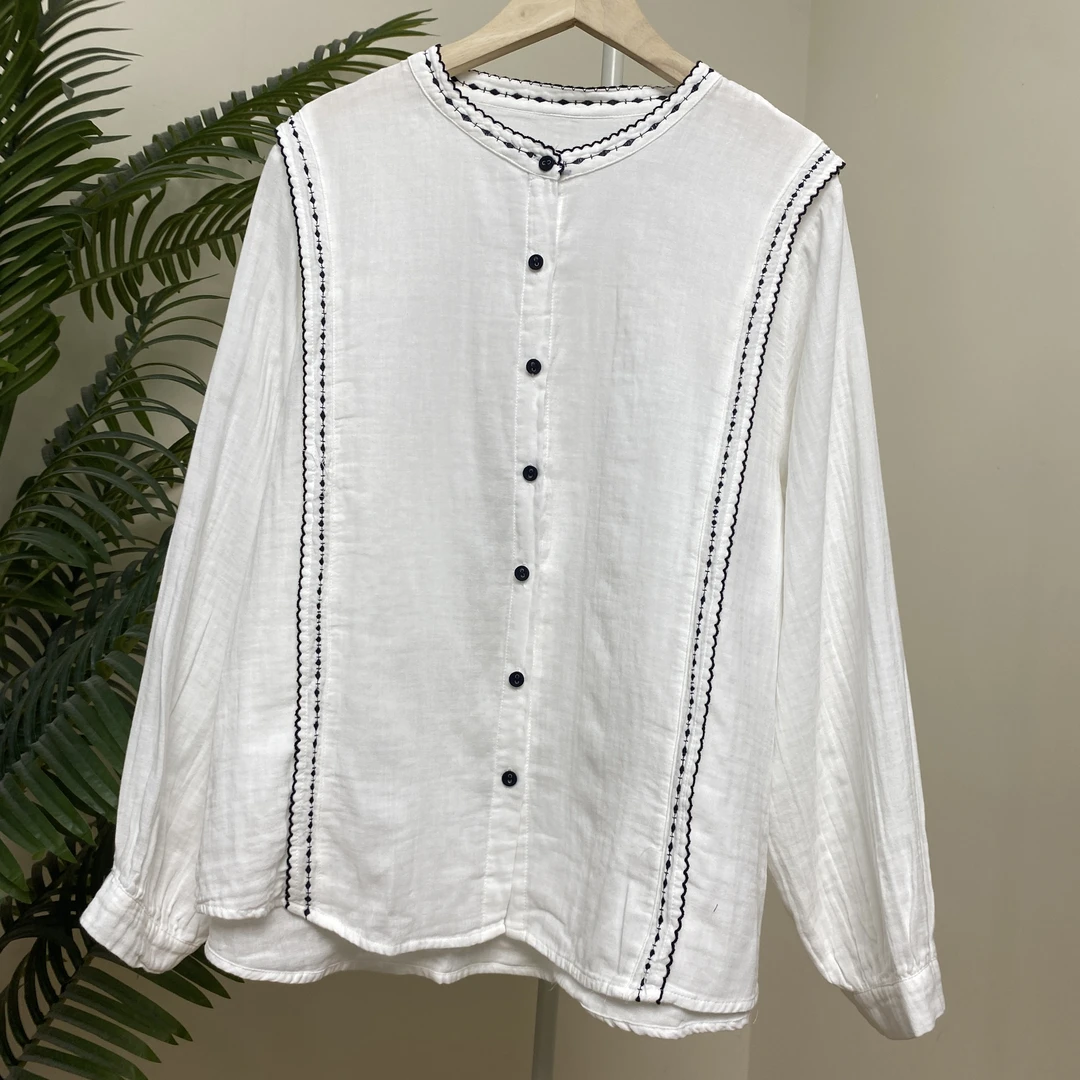 【立领黑色波浪线刺绣棉纱衬衫】4100