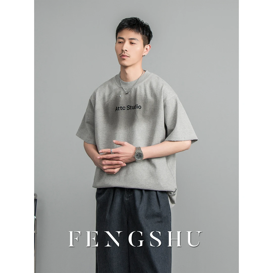 FENGSHU 重磅刺绣扎染宽松短袖 T恤男夏季简约 ins风复古百搭上衣