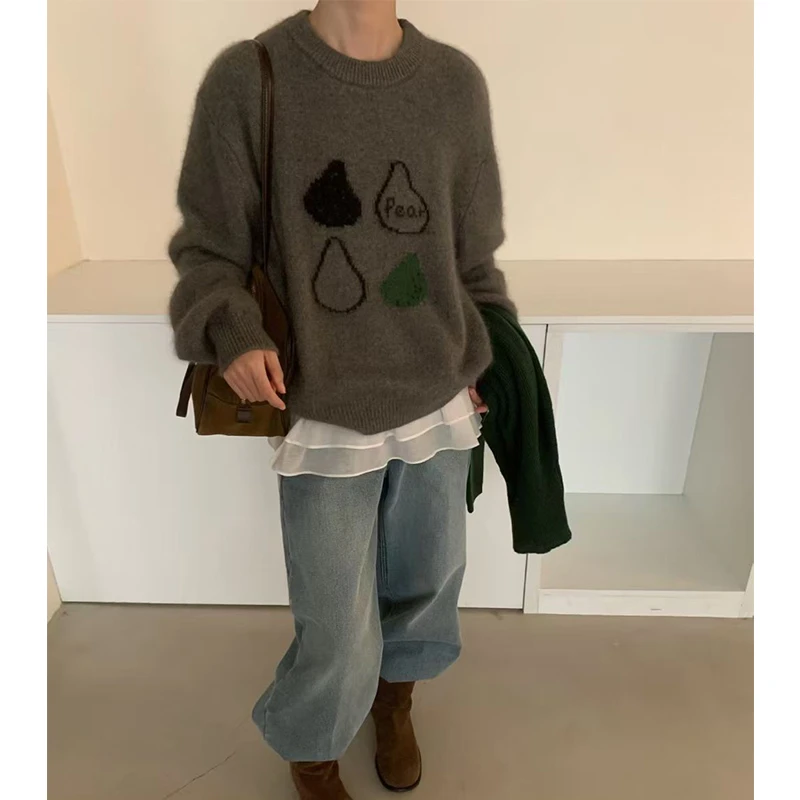 不分梨」超百搭 冬季新款字母梨提花圆领针织衫显瘦套头毛衣-5653