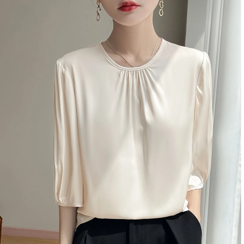 夏季新款醋酸缎面五分袖打底衫女圆领百搭显瘦时尚大码中袖女上衣
