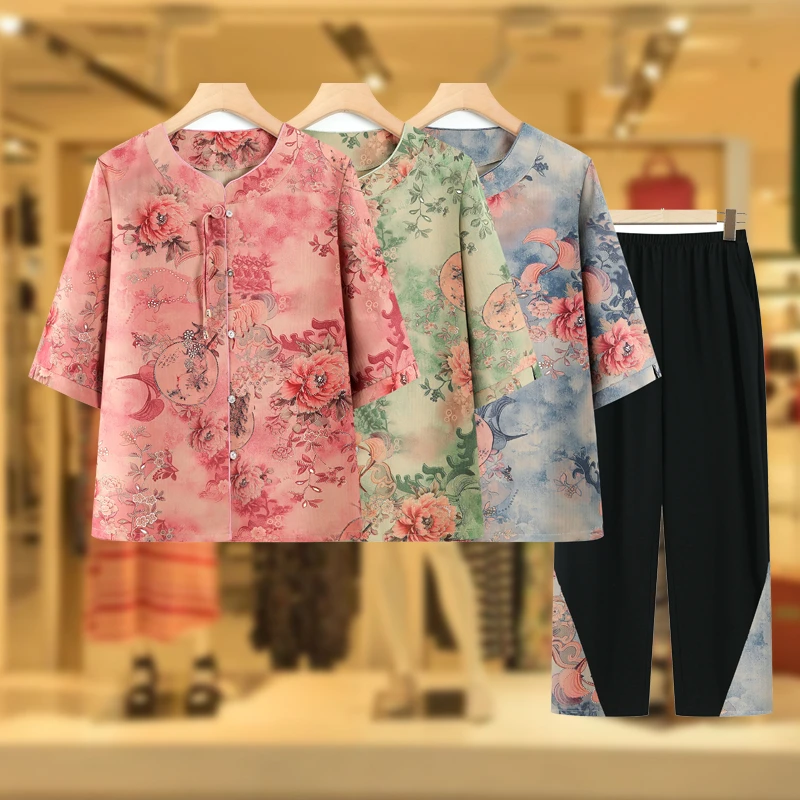 妈妈夏套装2025新款国风七分袖衬衫中老年人女装奶奶夏季两件套薄