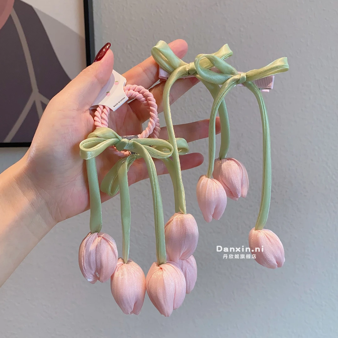 新款儿童郁金香蝴蝶结发圈女童甜美花朵流苏发夹头绳发饰发卡头饰