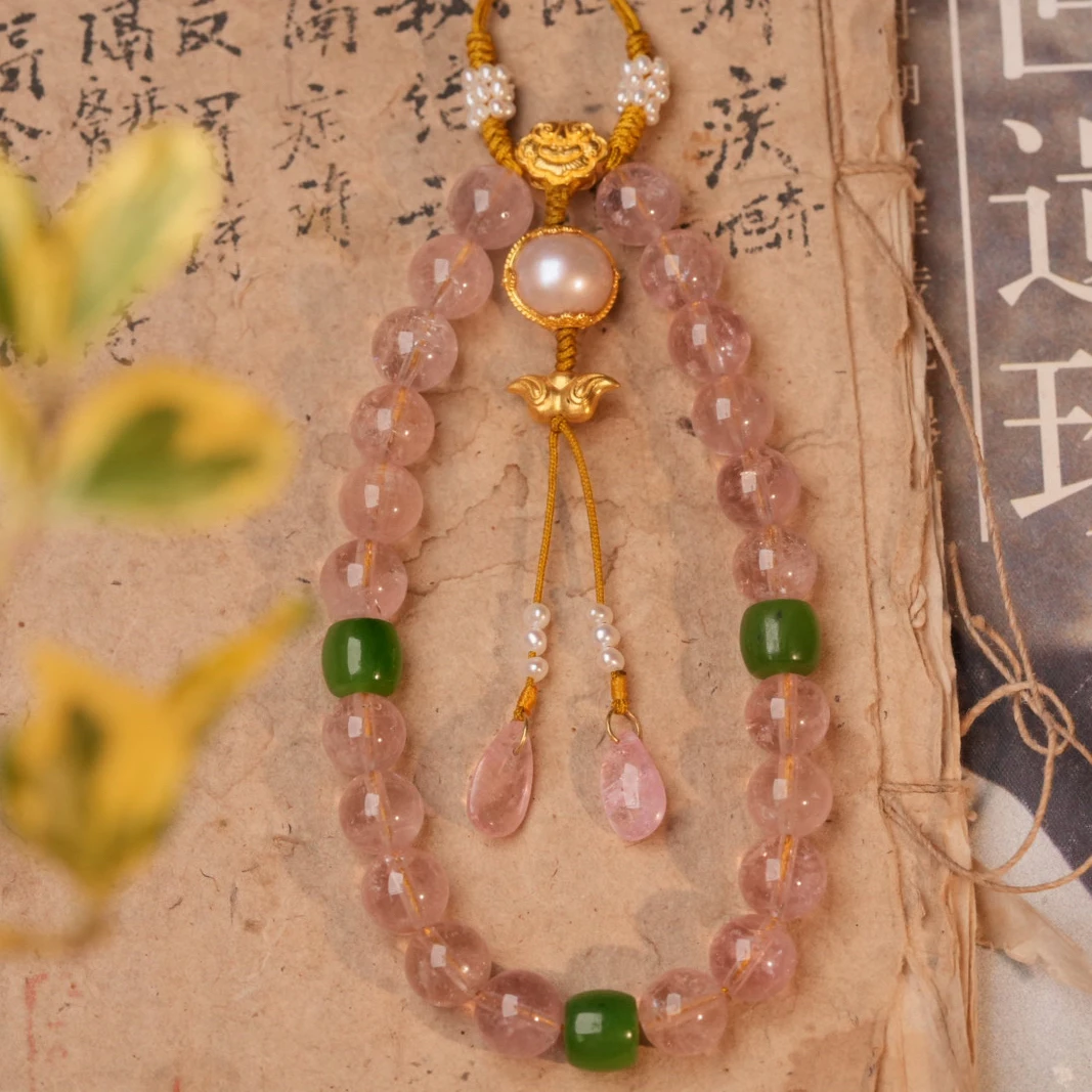 【惜拾妆匣】24k足金錾如意纹 天然粉透碧玺多宝压襟手持念珠