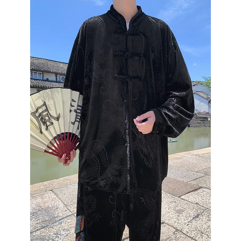 青年潮牌唐装男复古金丝绒外套中国风改良汉服大码宽松宽松太极服