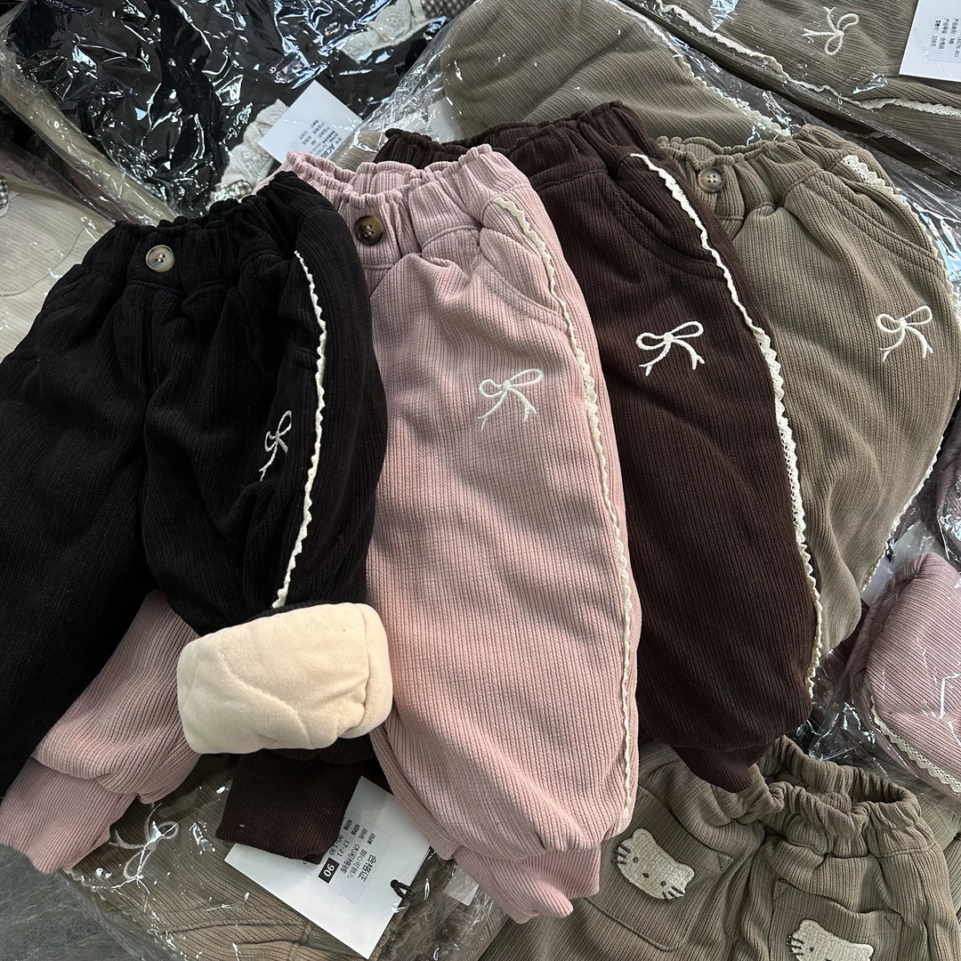 现货DDM儿童一件过冬加厚棉裤刺绣蝴蝶结棉裤女童时尚休闲外穿821