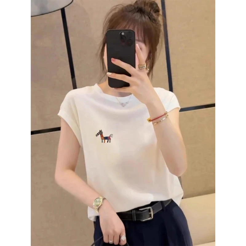 小飞袖正肩短袖t恤女夏季2025新款设计感百搭显瘦圆领白色上衣潮