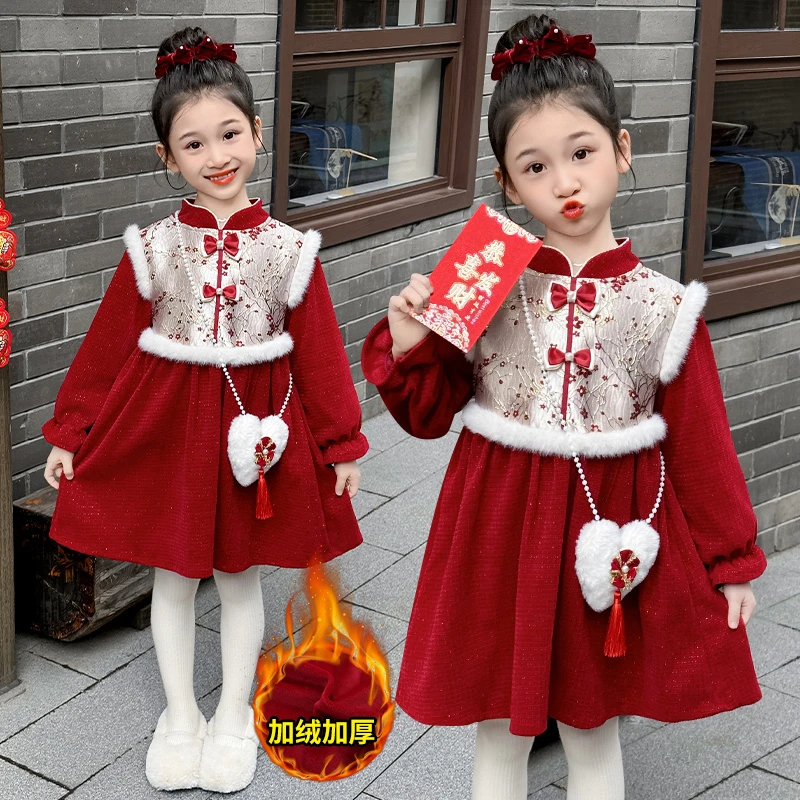 【有存货】女童连衣裙秋冬红色裙子冬季加绒过年服新年衣服拜年服