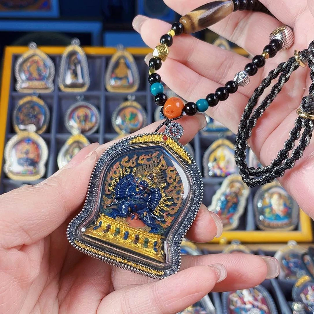 泥塑Q***3热贡手绘大威德擦擦吊坠有绳925银壳