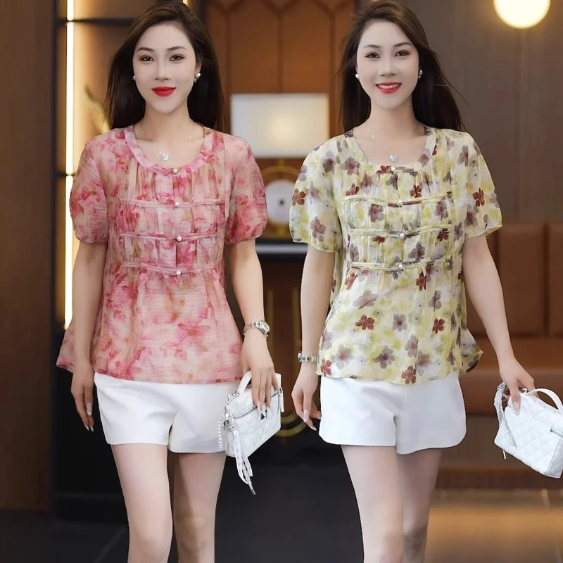 印花雪纺短袖衬衫女2025夏季新款衬衣高级复古洋气减龄新中式上衣