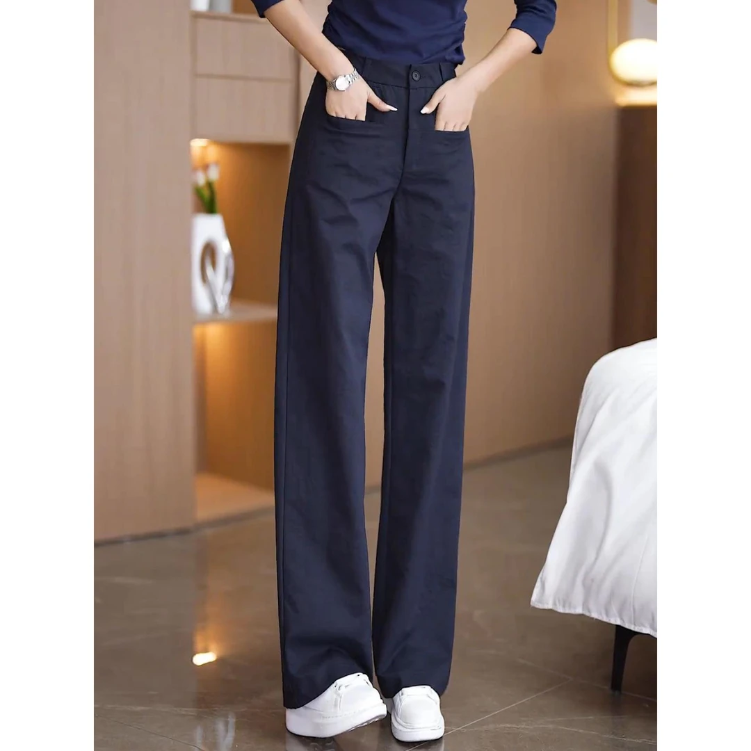 高质感藏青色窄版阔腿裤女秋冬2025新款大码显瘦休闲直筒垂感裤子