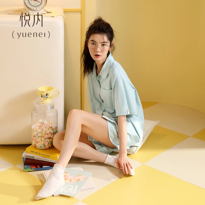 悦内睡衣女款夏季夏天纯棉短袖短裤家居服时尚休闲开衫条纹可外穿
