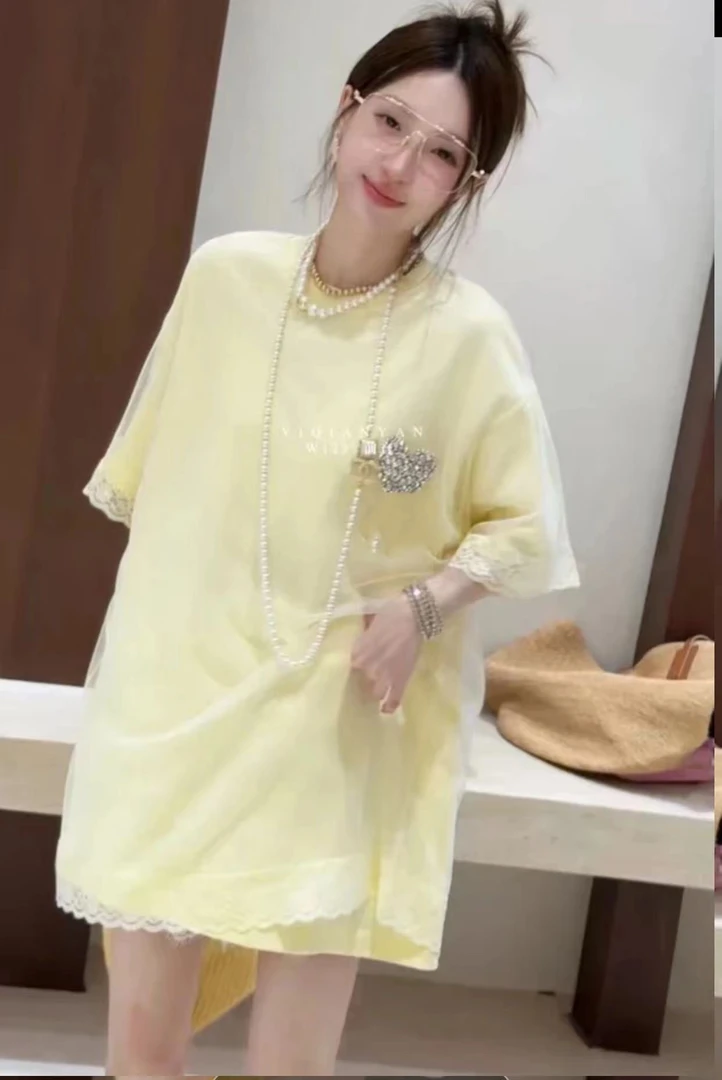 416重工爱心拼蕾丝纱纱大T