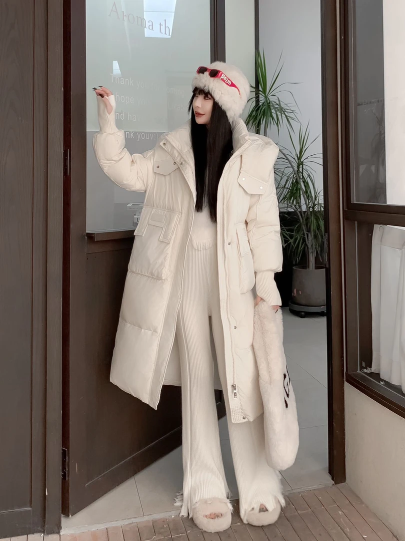 【惊喜购】903.凹形口袋长款连帽立领休闲面包款羽绒服宽松百搭冬女