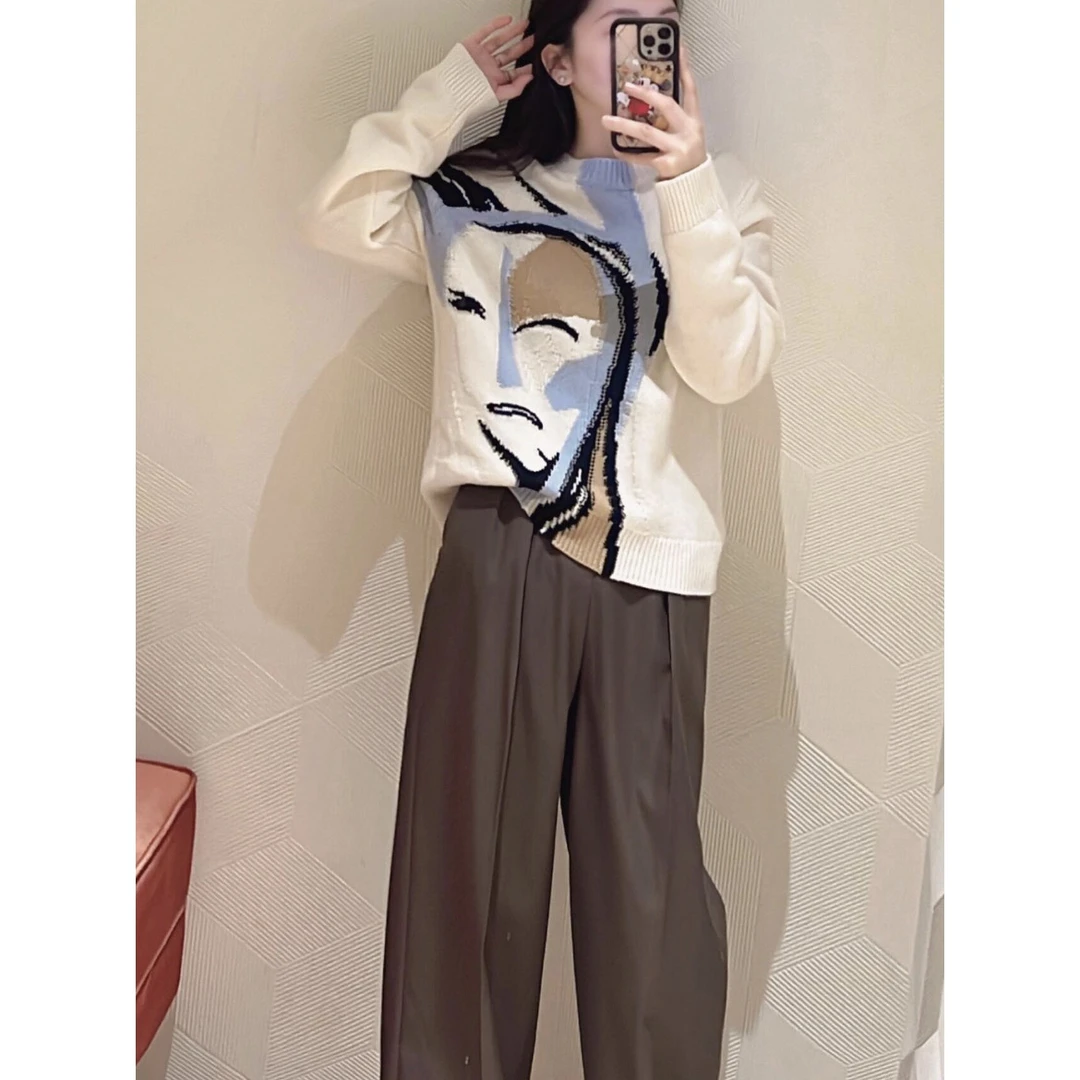 鄂系风圆领抽象图案针织衫女秋冬新品宽松厚款独特提花毛衣