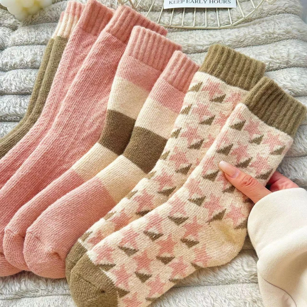 秋冬款毛圈厚袜女潮款纯色冬天加绒加厚高筒保暖拼接长袜中筒袜LW