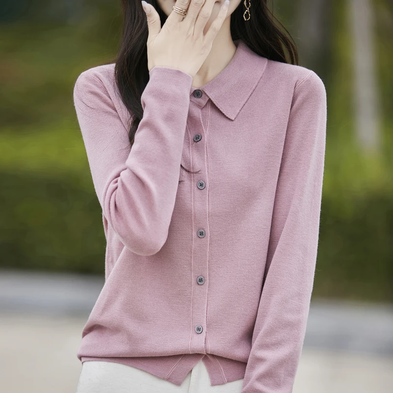 减龄时尚翻领长袖针织打底上衣女25年春款Polo领薄款简约开衫外套