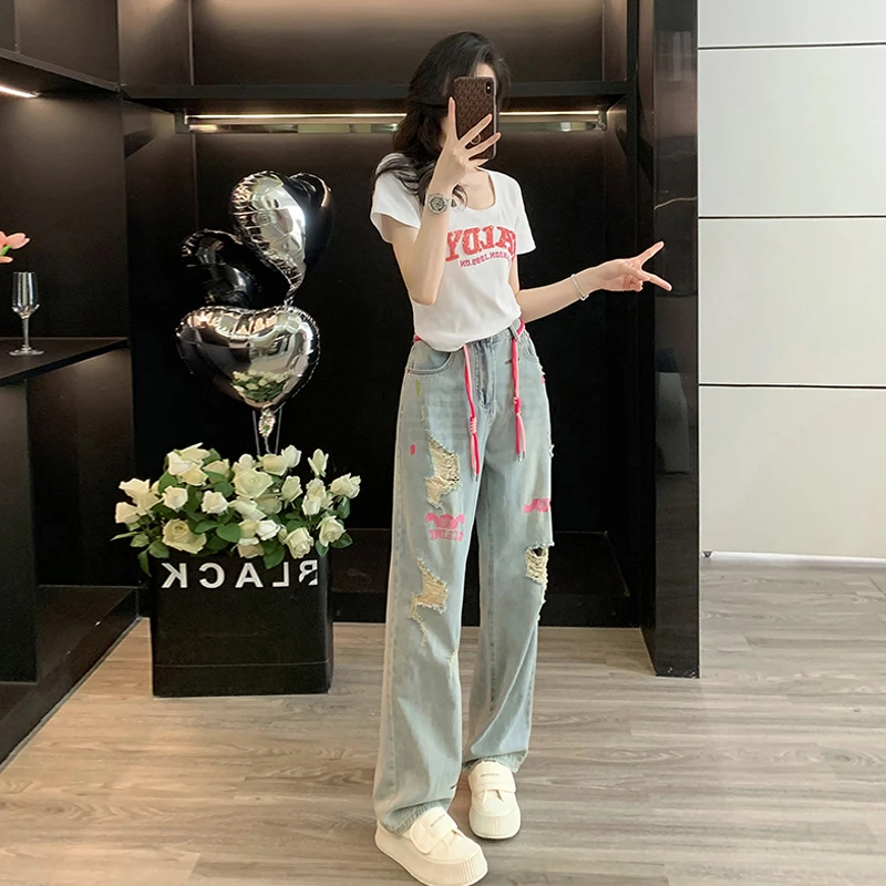 美式复古时尚套装女夏季2025年新款修身短袖T恤牛仔裤两件套女