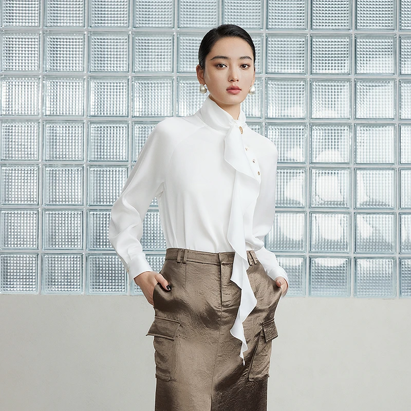 芭蒂娜立领波浪飘带雪纺衫职场通勤内搭2025春季新款衬衣651M048