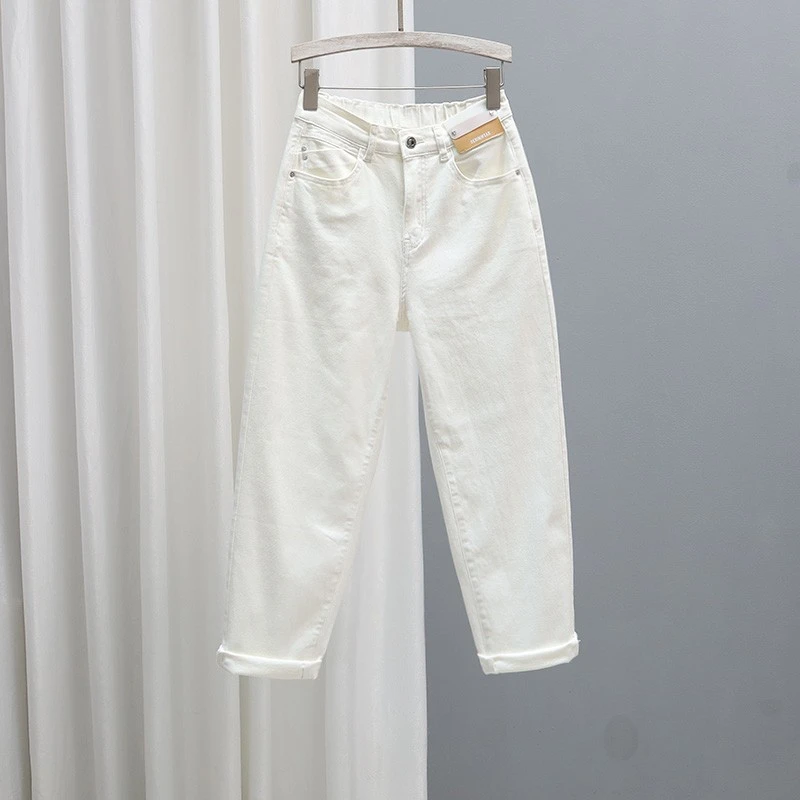 2025春夏半松紧腰显瘦牛仔裤女宽松哈伦裤时尚百搭弹力萝卜裤潮流