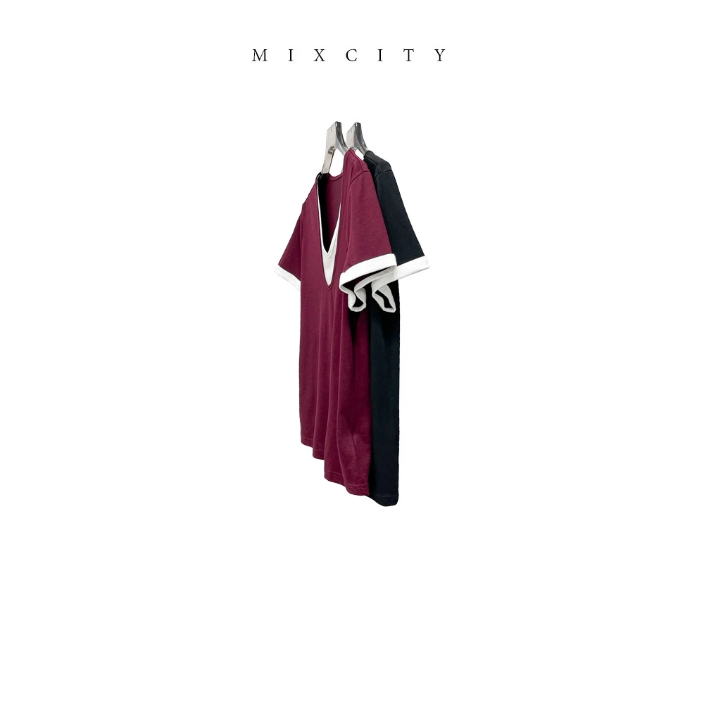 【亚楠本楠】实用王◆木棉系列假两件层次感双V领T恤8186