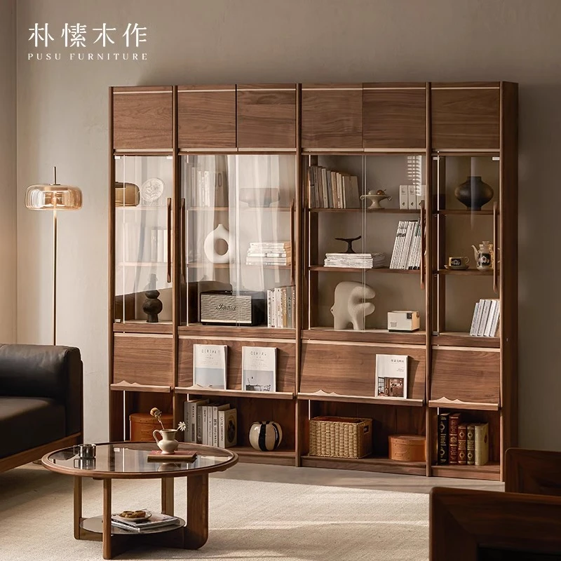 远山书柜 黑胡桃木储物柜一体整墙客厅组合书架展示柜