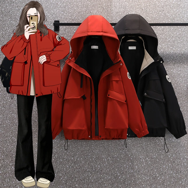 美式时尚冲锋衣外套女春秋季新款学院风短款户外百搭大码休闲上衣