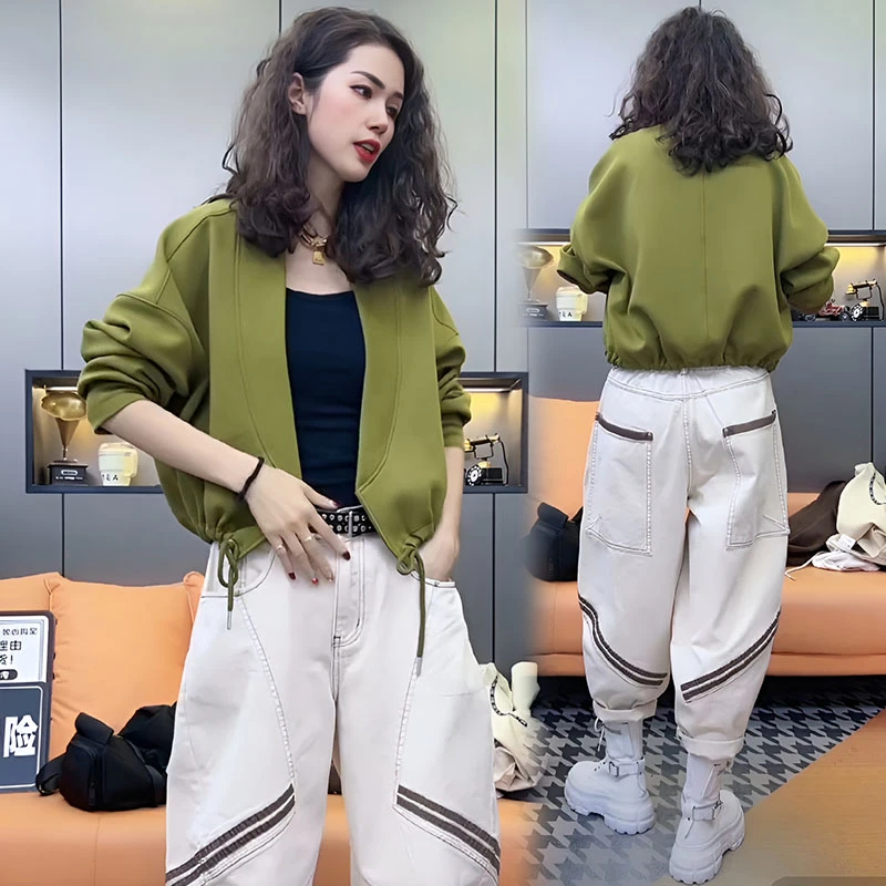 大码欧货时尚套装春秋新款V领抽绳显瘦短外套+哈伦灯笼裤两件套