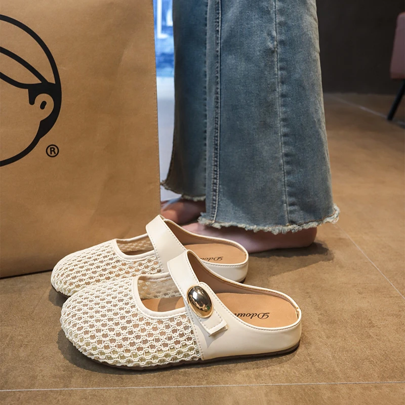 包头半拖鞋女夏外穿2025新款超火透气编织一脚蹬小金豆勃肯凉拖鞋