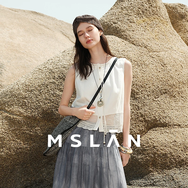 MSLAN 蕾丝花边 天丝棉麻感截短小个子分割拼接淡人马甲MHBW543