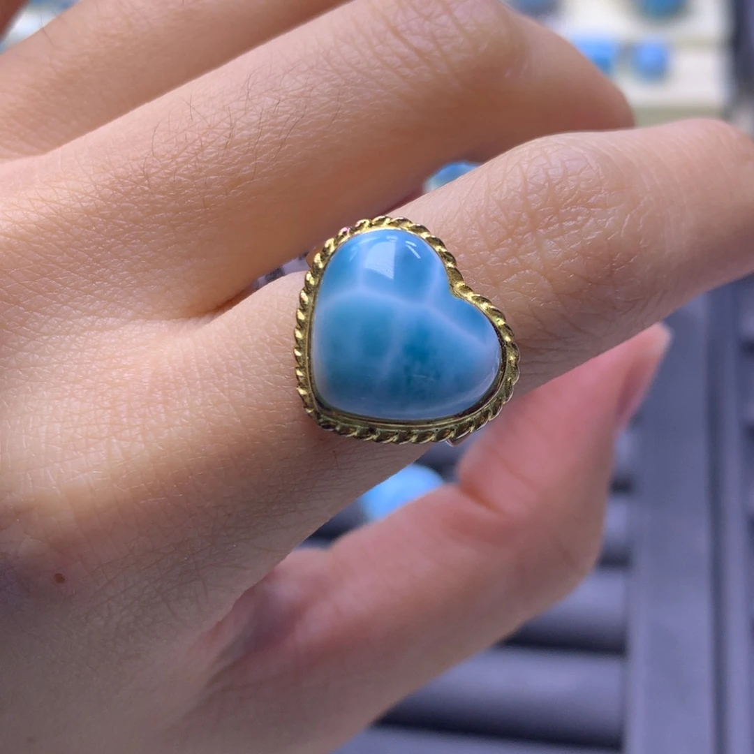 针钠钙石（海纹石）银S925镶嵌戒指爱心戒指色差略异