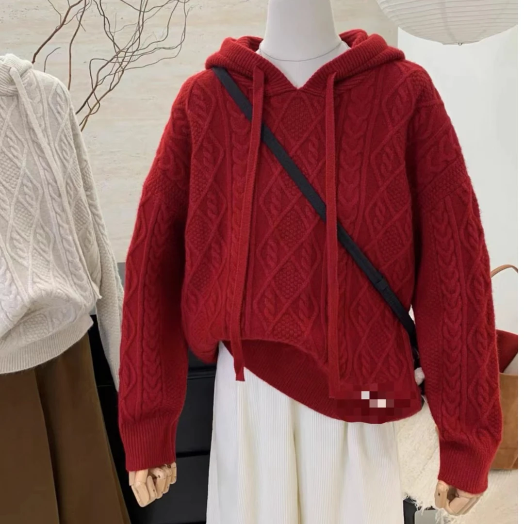 5004气质百搭毛衣针织连帽女新款洋气小个子针织纯色显瘦