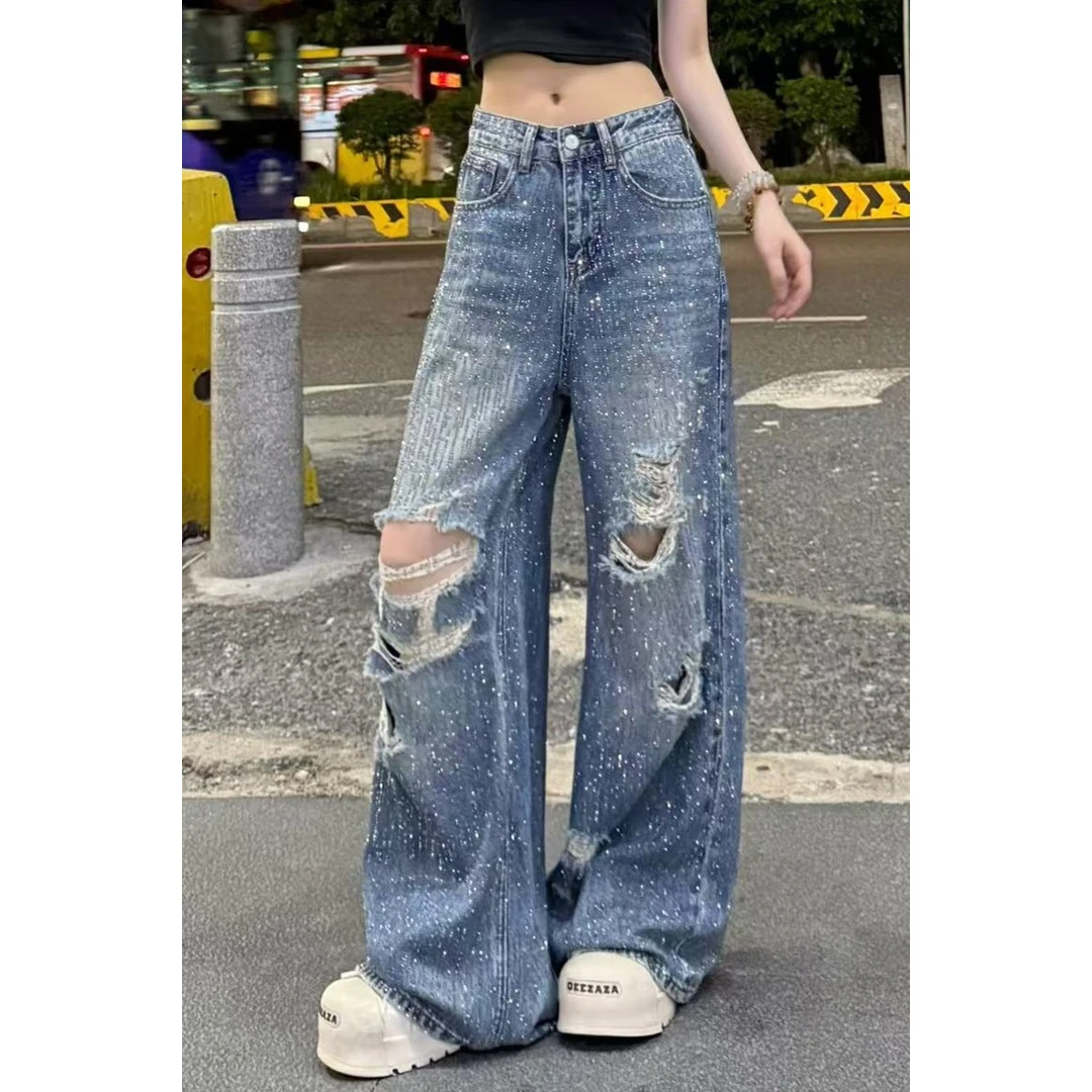 亮晶晶破洞牛仔裤女2025夏季时尚百搭衣服高腰水洗阔腿裤裤子女裤