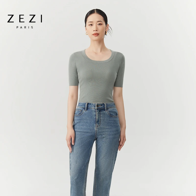 择之【雅然严选】进口扬子纱线_软糯打底U领短袖针织衫弹力打底衫