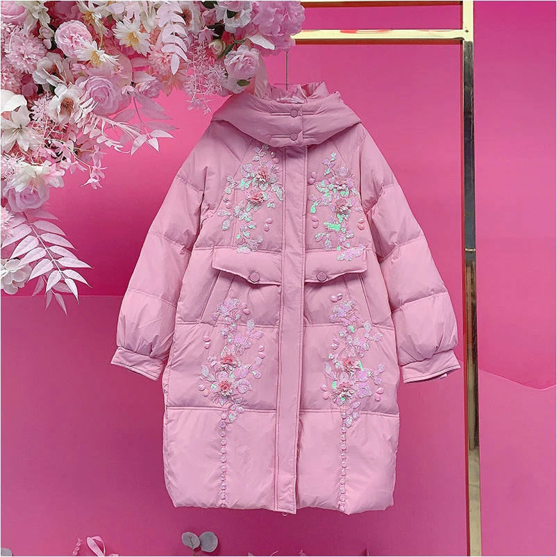 A4470欧美设计师2025冬季新款重工钉钻刺绣花朵连帽休闲外套
