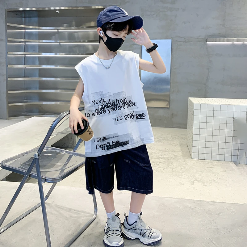 儿童装男童背心酷帅坎肩T恤薄夏装2025新款男大童无袖t体恤两件套