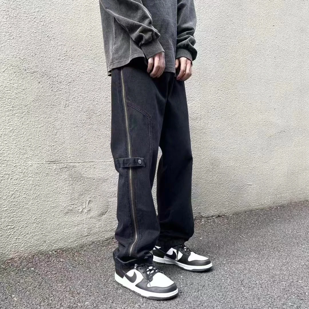 高腰拉链厚长裤潮流原宿男牛仔裤ins破洞牛仔裤做旧美式港风