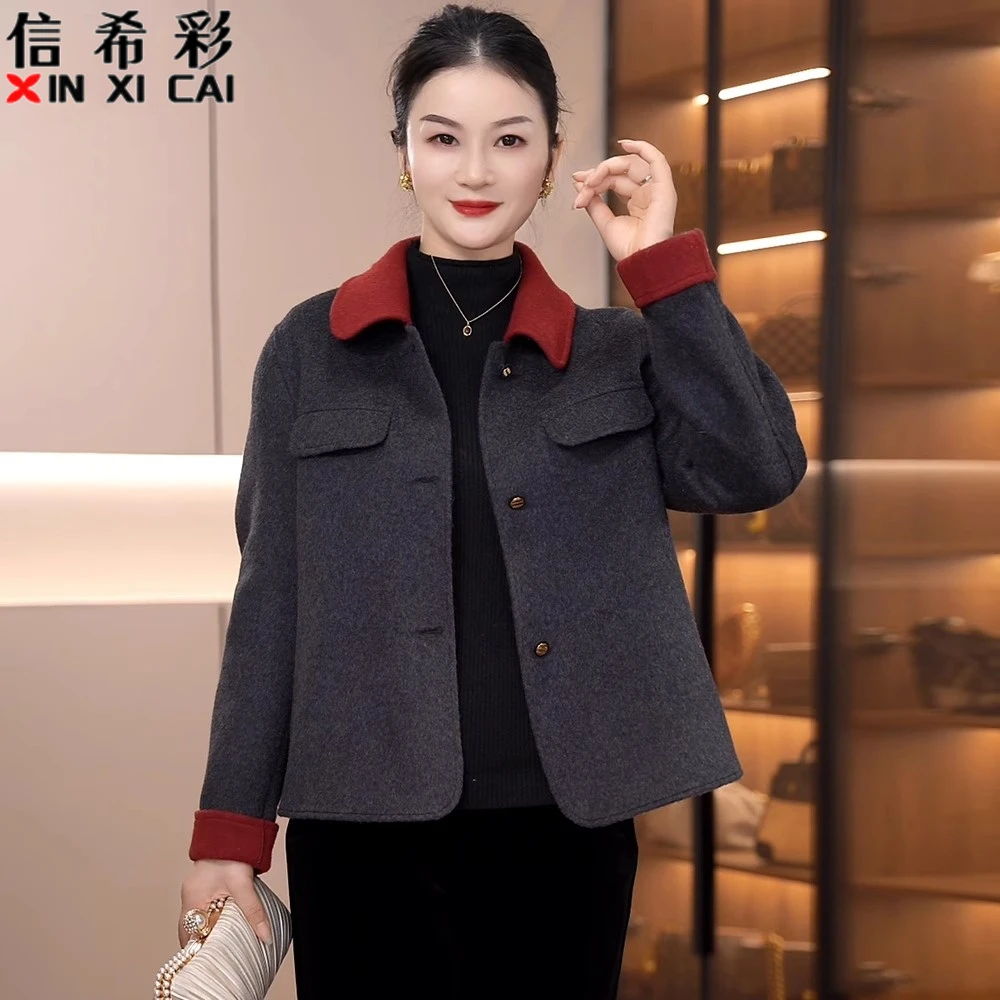 妈妈装洋气翻领衣服春季短款双面呢撞色小香风百搭时尚气质外套